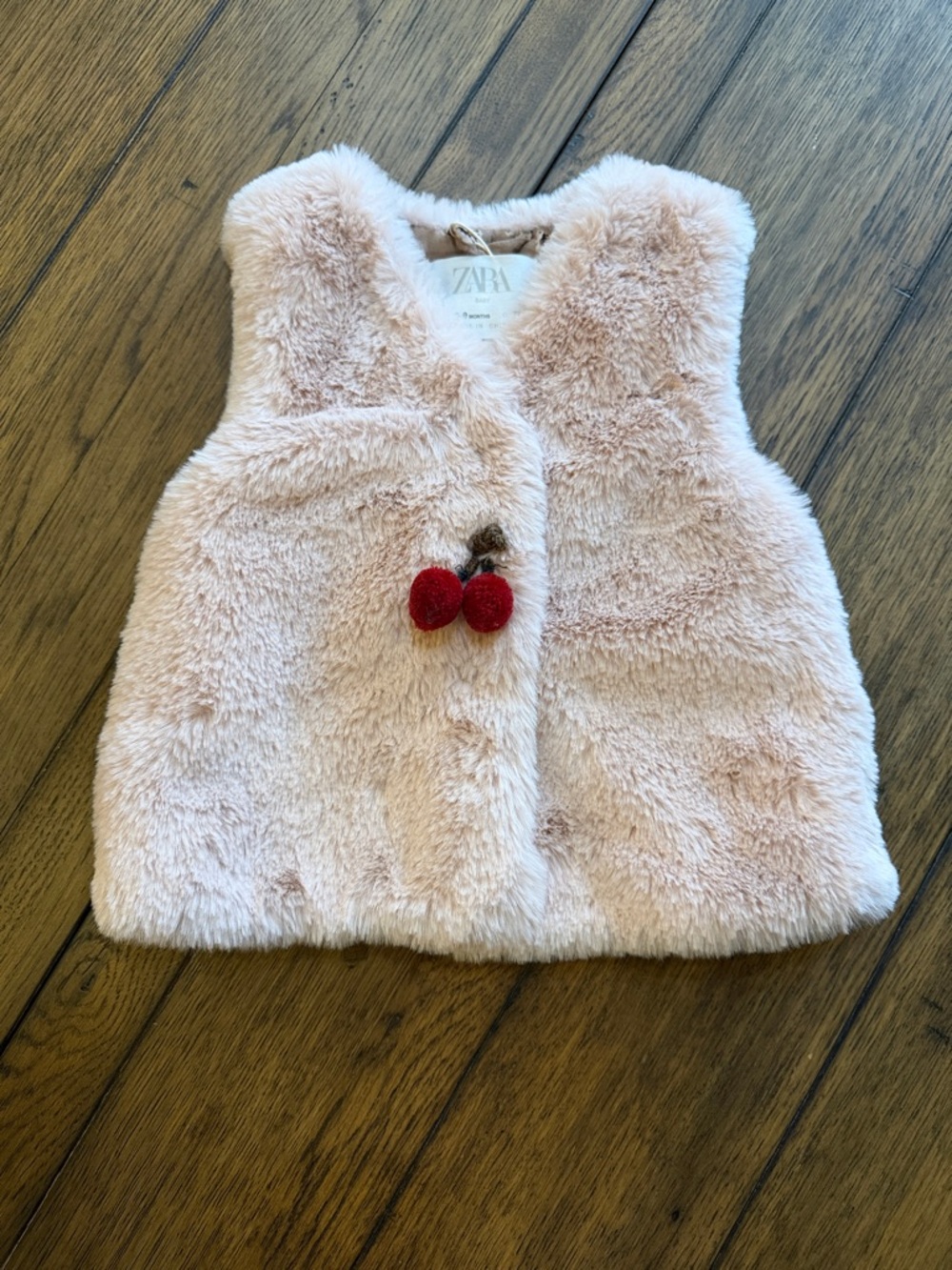 Zara Baby Pink Faux Fur Cherry Pom Pom Vest 6-9 Months NWT - Picture 2 of 8